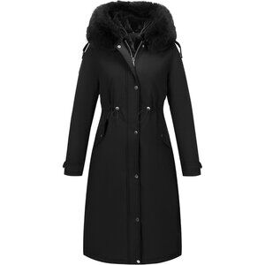 🆕Women Black Long Puffer Jacket Winter Parka Fur Collar Warm Bubble Deep Hooded